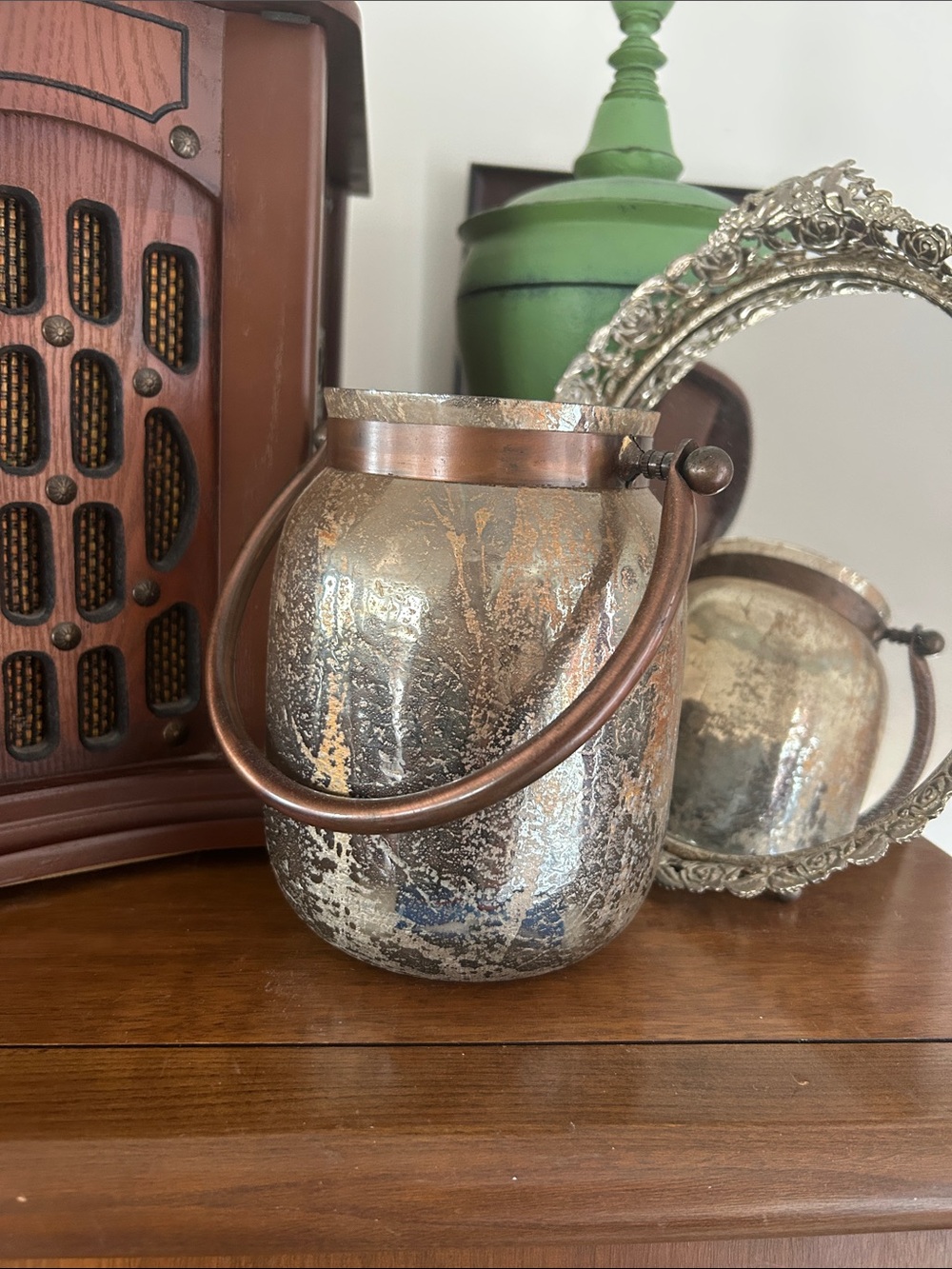Silver Mercury Glass Candle Holder Copper Handle Rustic Farmhouse Decor
